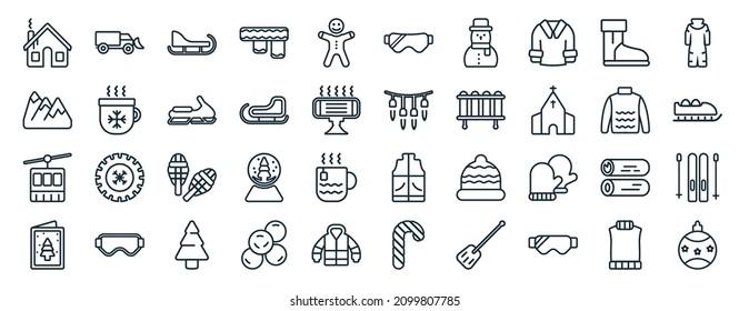 set of 40 flat winter web icons in line style such as snowplow, snowy mountain, ski lift, christmas card, turtleneck sweater, snowsuit, snow goggle icons for report, presentation, diagram, web