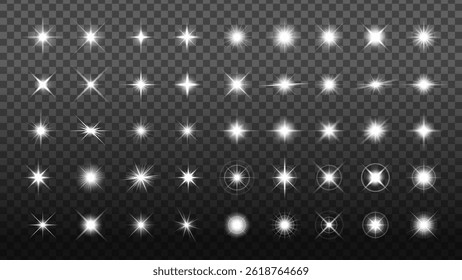 Set of 40 glowing starburst effects on transparent background. Bright starburst designs for overlays. Starburst collection for creative projects. Overlay effect vector element set.