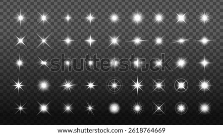 Set of 40 glowing starburst effects on transparent background. Bright starburst designs for overlays. Starburst collection for creative projects. Overlay effect vector element set.