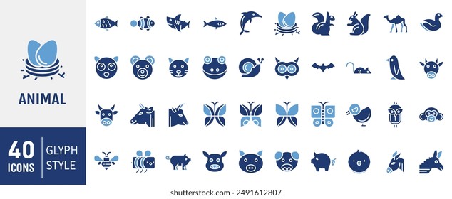 Set of 40 Glyph Animals lcons collection. Animal icons set. Geometrical abstract icons. Icon design