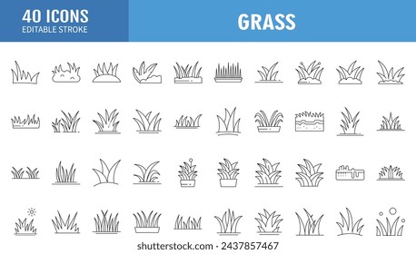 Set of 40 Grass Line Icons Editable Stroke.