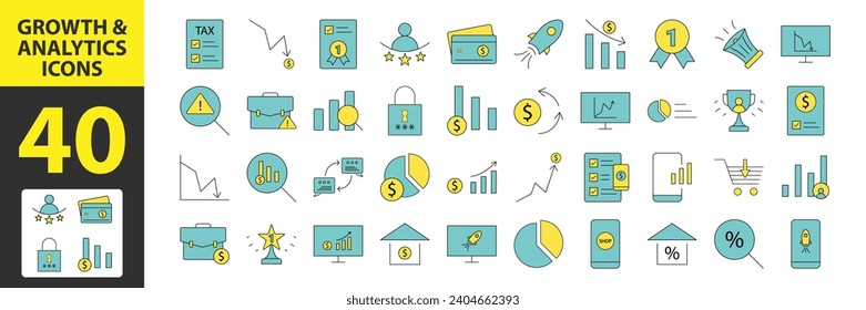 set of 40 Growth and analytics web icons. filled icons such as setting flow interface, percentage, revenue, service, graph pie, conference, tie, circular chart. vector illustration	