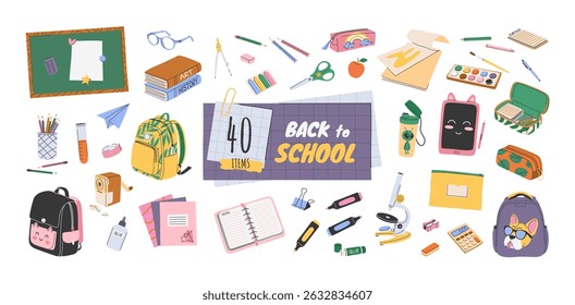 Set of 40 hand drawn school supplies and stationery items. Isolated illustrations. Back to school and education concepts. Backpacks, pencil cases, tablet, books, blackboard. Flat vector bundle.