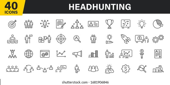 Set of 40 Headhunting web icons in line style. Skills, work, professional, employment, management, teamwork. Vector illustration.