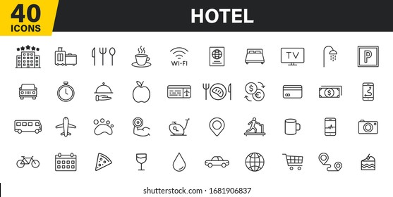 Set of 40 Hotel web icons in line style. Room, business, parking, travel, sleeping, comfortable. Vector illustration.