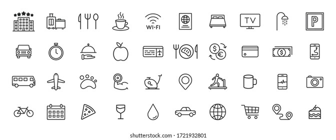 Set of 40 Hotel web icons in line style. Room, business, parking, travel, sleeping, comfortable. Vector illustration.