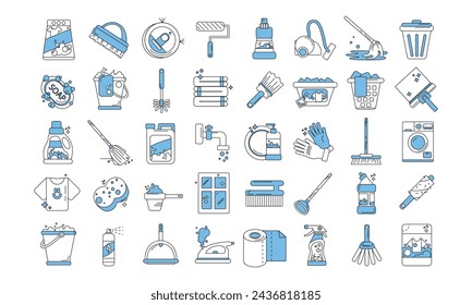 Set of 40 line blue cleaning web icons such as shampoo,sanitize,dishwashing detergent,cleaning tools,cleaning house,trash,broom,suspension. vector illustration on white background