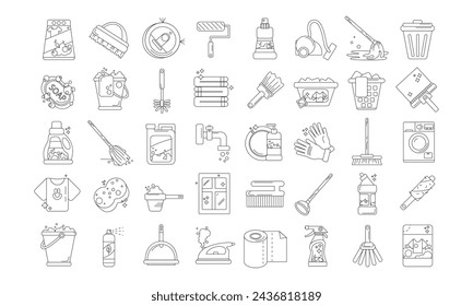 Set of 40 line cleaning web icons such as shampoo,sanitize,dishwashing detergent,cleaning tools,cleaning house,trash,broom,suspension. vector illustration on white background