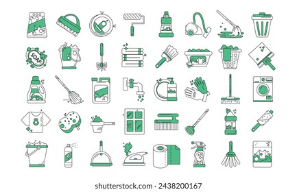 Set of 40 line green cleaning web icons such as shampoo,sanitize,dishwashing detergent,cleaning tools,cleaning house,trash,broom,suspension. vector illustration on white background
