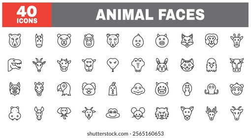 Set of 40 line icons animal faces. Outline icon collection. Editable stroke. Vector illustration.