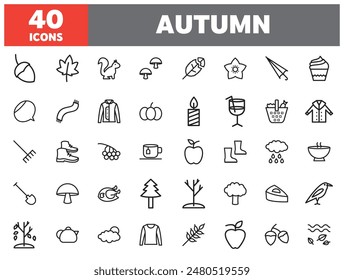 Set of 40 line icons autumn. Outline icon collection. Editable stroke. Vector illustration.