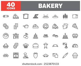 Set of 40 line icons bakery. Outline icon collection. Editable stroke. Vector illustration.