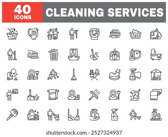 Set of 40 line icons cleaning services. Outline icon collection. Editable stroke. Vector illustration.