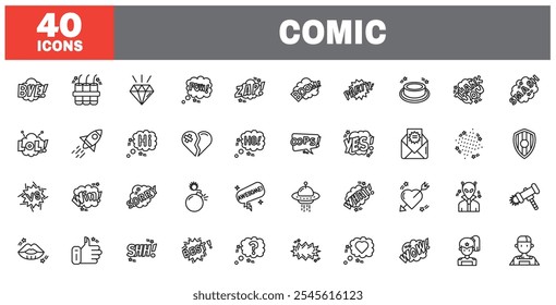 Set of 40 line icons comic. Outline icon collection. Editable stroke. Vector illustration.