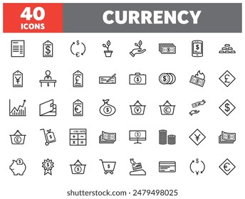 Set of 40 line icons currency. Outline icon collection. Editable stroke. Vector illustration.