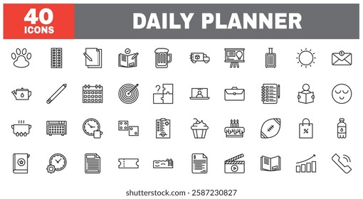 Set of 40 line icons daily planner. Outline icon collection. Editable stroke. Vector illustration.