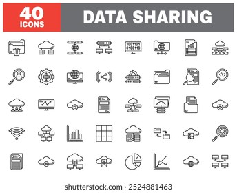 Conjunto de 40 iconos de línea para compartir datos. Colección de icono de esquema. Trazo editable. Ilustración vectorial.