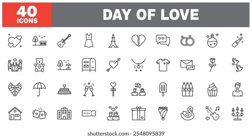 Set of 40 line icons day of love. Outline icon collection. Editable stroke. Vector illustration.