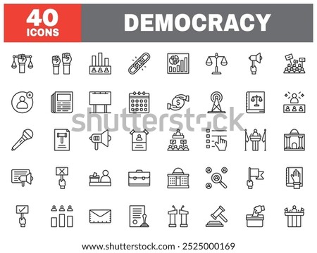 Set of 40 line icons democracy. Outline icon collection. Editable stroke. Vector illustration.
