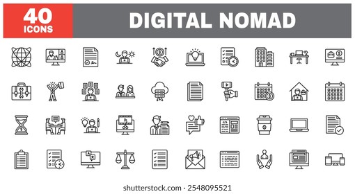 Set of 40 line icons digital nomad. Outline icon collection. Editable stroke. Vector illustration.