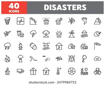 Set of 40 line icons disasters. Outline icon collection. Editable stroke. Vector illustration.