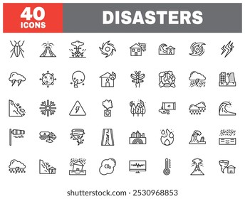 Set of 40 line icons disasters. Outline icon collection. Editable stroke. Vector illustration.