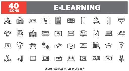 Set of 40 line icons e-learning. Outline icon collection. Editable stroke. Vector illustration.