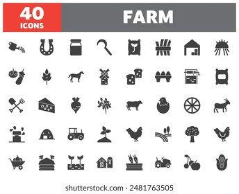 Set of 40 line icons farm. Outline icon collection. Editable stroke. Vector illustration.