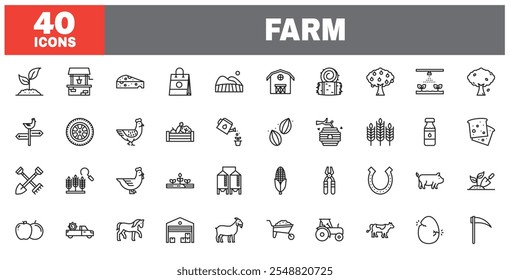 Set of 40 line icons farm. Outline icon collection. Editable stroke. Vector illustration.