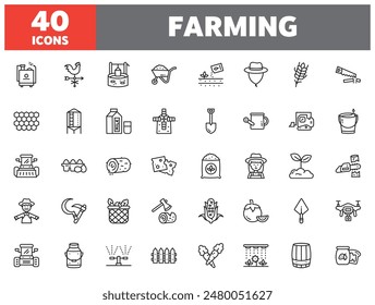 Set of 40 line icons farming. Outline icon collection. Editable stroke. Vector illustration.