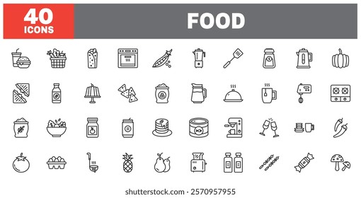 Set of 40 line icons food. Outline icon collection. Editable stroke. Vector illustration.