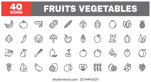 Set of 40 line icons fruits vegetables. Outline icon collection. Editable stroke. Vector illustration.