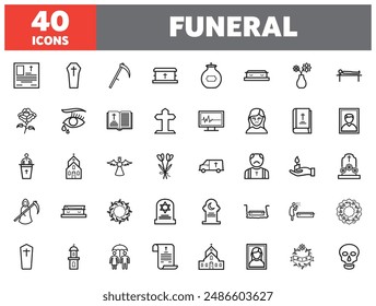 Set of 40 line icons funeral. Outline icon collection. Editable stroke. Vector illustration.