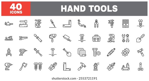 Set of 40 line icons hand tools. Outline icon collection. Editable stroke. Vector illustration.