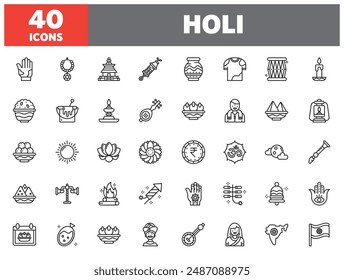 Set of 40 line icons holi. Outline icon collection. Editable stroke. Vector illustration.