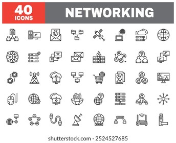 Conjunto de 40 iconos de línea de redes. Colección de icono de esquema. Trazo editable. Ilustración vectorial.