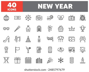 Set von 40 Linien-Icons Neujahr. Kollektion des Gliederungssymbols. Bearbeitbarer Strich. Vektorillustration.