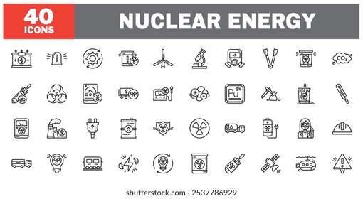 Conjunto de 40 ícones de linha de energia nuclear. Contornar a coleção de ícones. Traçado editável. Ilustração vetorial.