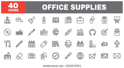 Set of 40 line icons office supplies. Outline icon collection. Editable stroke. Vector illustration.