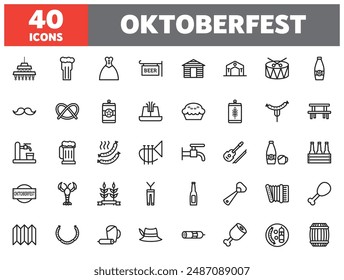 Set of 40 line icons oktoberfest. Outline icon collection. Editable stroke. Vector illustration.