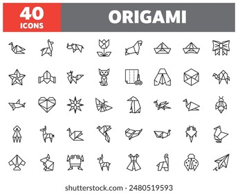 Set of 40 line icons origami. Outline icon collection. Editable stroke. Vector illustration.