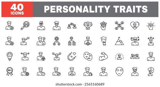 Set of 40 line icons personality traits. Outline icon collection. Editable stroke. Vector illustration.