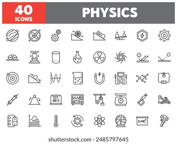 Set of 40 line icons physics. Outline icon collection. Editable stroke. Vector illustration.