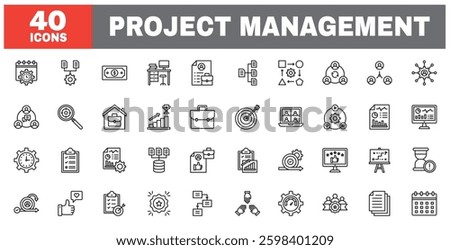 Set of 40 line icons project management. Outline icon collection. Editable stroke. Vector illustration.