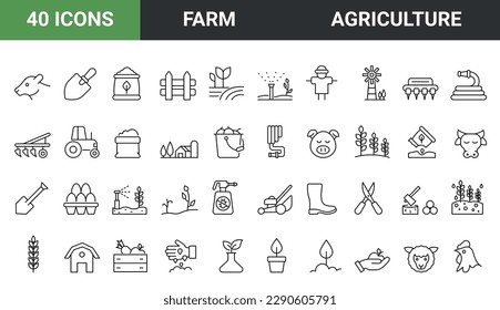 Set of 40 line icons related to farm, farming, gardening, agriculture. Outline symbols collection. Editable stroke. Vector illustration