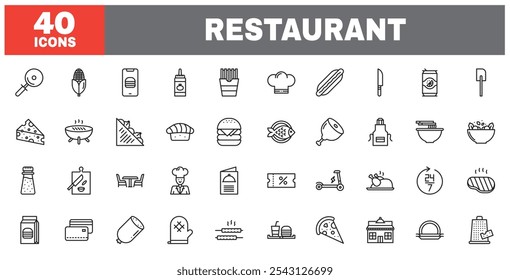 Conjunto de 40 iconos de línea restaurante. Colección de icono de esquema. Trazo editable. Ilustración vectorial.