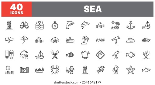 Conjunto de 40 iconos de línea mar. Colección de icono de esquema. Trazo editable. Ilustración vectorial.