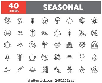 Set of 40 line icons seasonal. Outline icon collection. Editable stroke. Vector illustration.