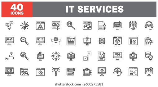 Set of 40 line icons IT services. Outline icon collection. Editable stroke. Vector illustration.
