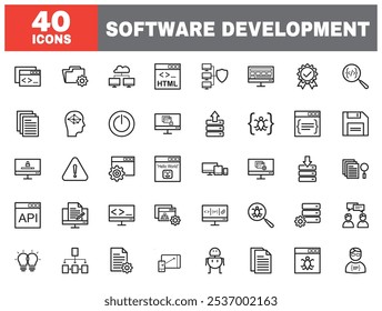 Set of 40 line icons software development. Outline icon collection. Editable stroke. Vector illustration.